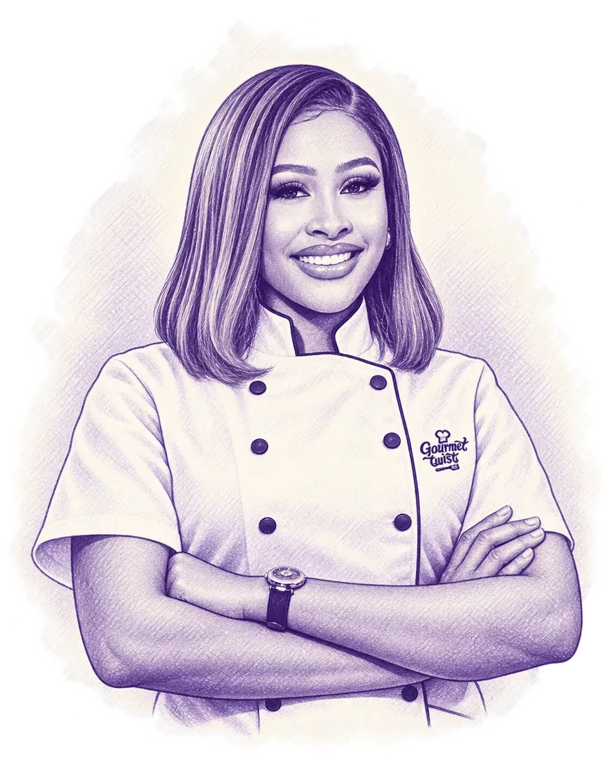 Illustration of Chef Uche, founder of Gourmet Twist, in her chef's jacket with arms crossed